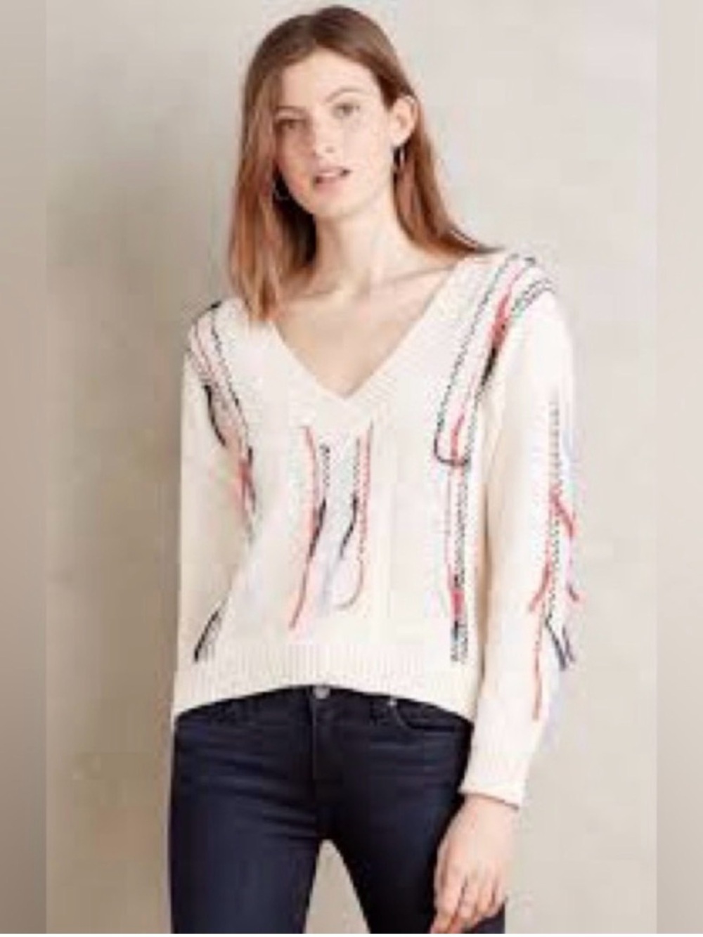 Antik Batik seaport striped knit fringe v neck sweater M Anthropology Peru boho